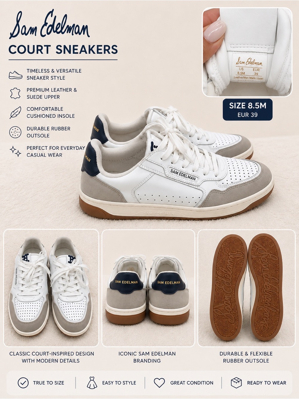 Sam Edelman Kids White, Gray & Navy Court Sneakers
